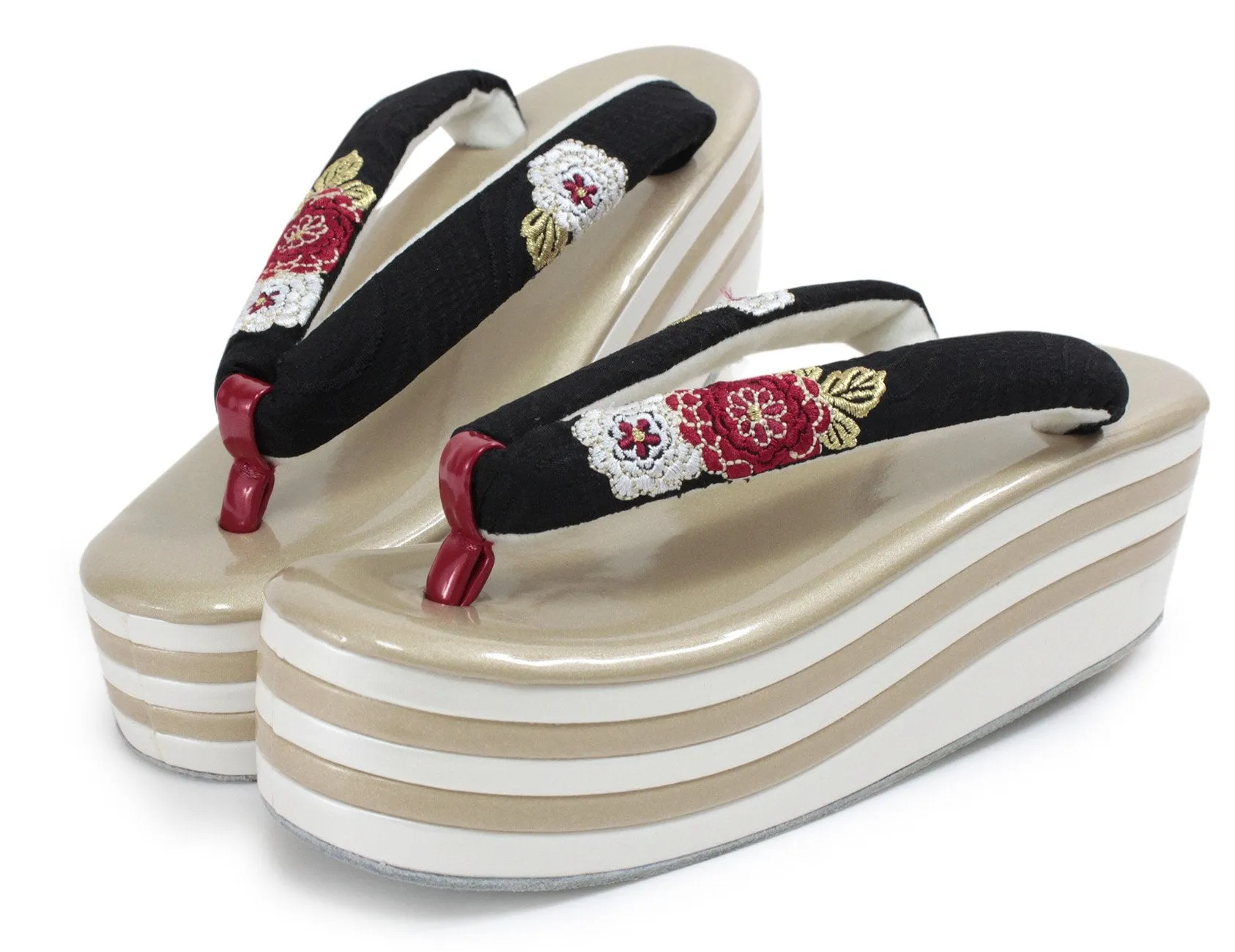 Women's Japanese kimono zori sandals - Gold x White, Black hanao